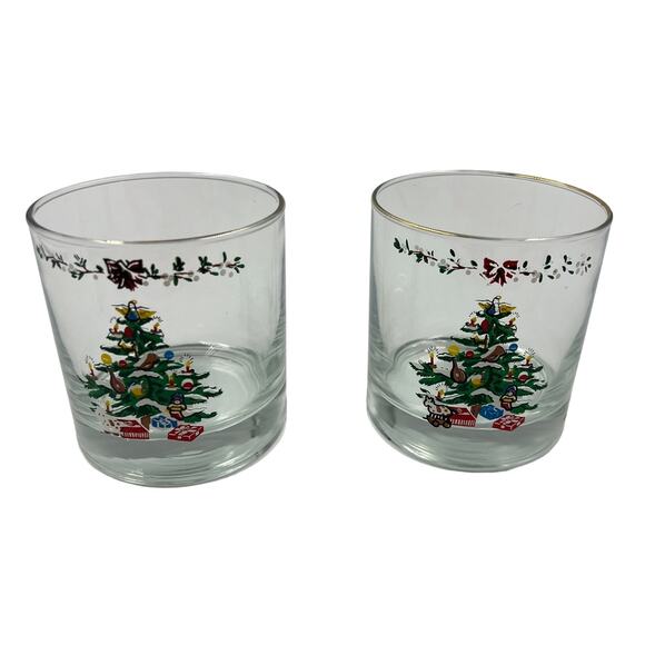 Vintage Highball Whiskey Drinking Glasses Christmas Tree Holiday Hand Painted - Picture 1 of 10